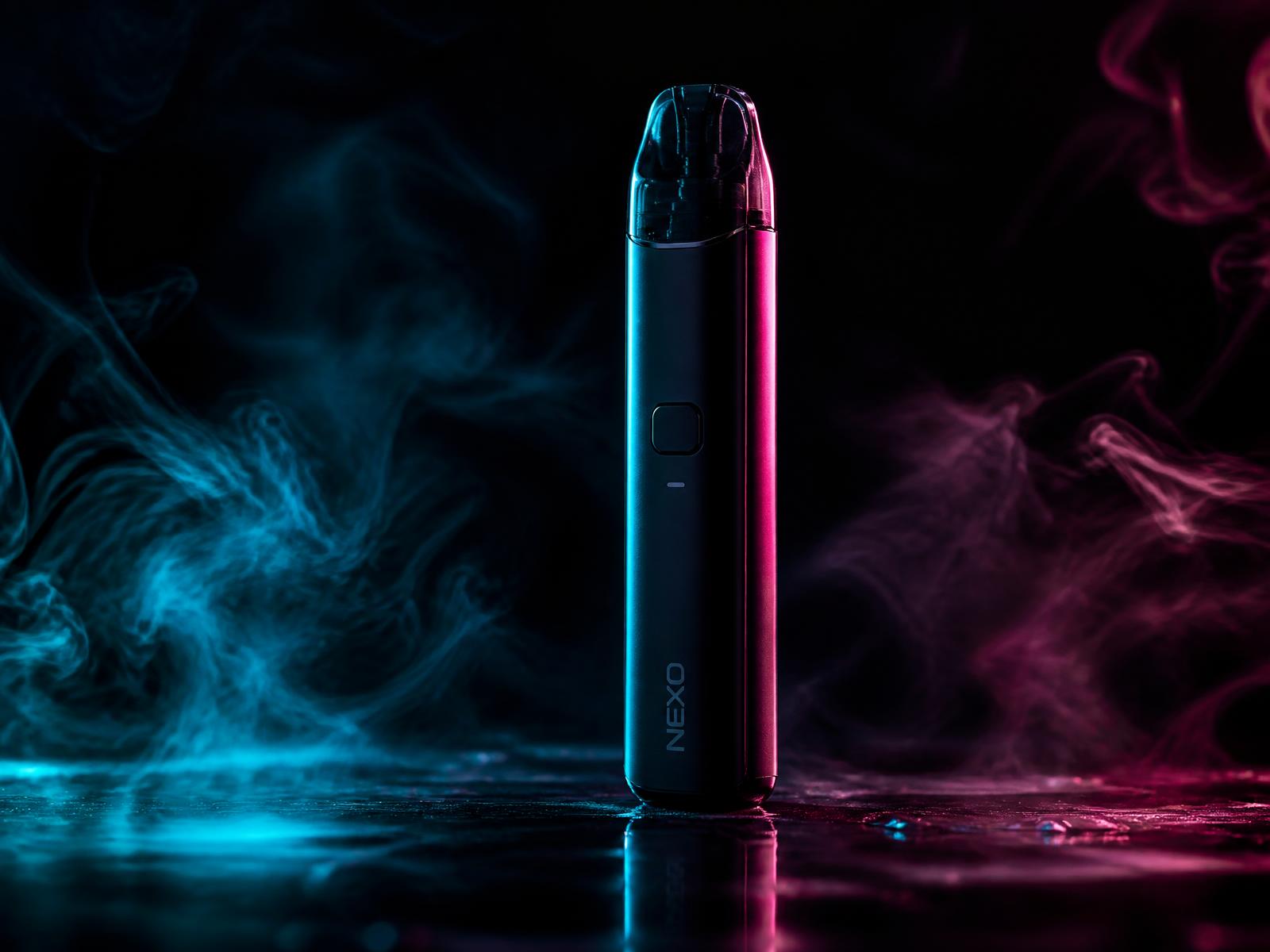 Modern vape pod device lit by teal and magenta neon with vapour swirling around it